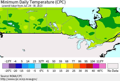 Canada Minimum Daily Temperature (CPC) Thematic Map For 7/24/2023 - 7/30/2023