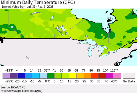 Canada Minimum Daily Temperature (CPC) Thematic Map For 7/31/2023 - 8/6/2023