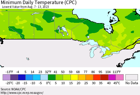Canada Minimum Daily Temperature (CPC) Thematic Map For 8/7/2023 - 8/13/2023