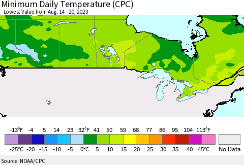 Canada Minimum Daily Temperature (CPC) Thematic Map For 8/14/2023 - 8/20/2023