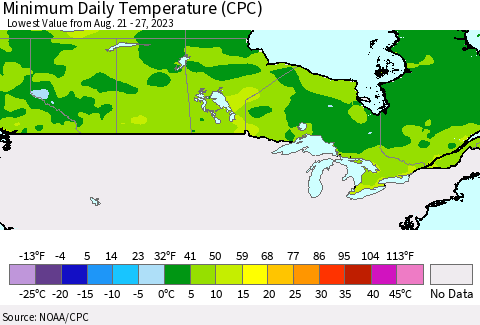 Canada Minimum Daily Temperature (CPC) Thematic Map For 8/21/2023 - 8/27/2023