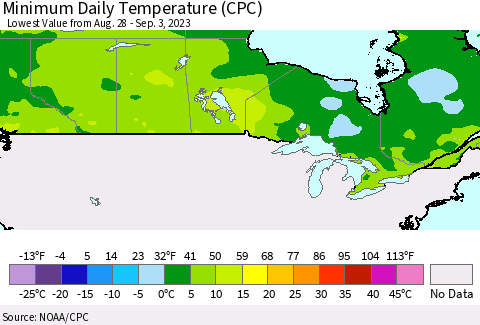 Canada Minimum Daily Temperature (CPC) Thematic Map For 8/28/2023 - 9/3/2023