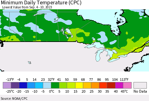 Canada Minimum Daily Temperature (CPC) Thematic Map For 9/4/2023 - 9/10/2023