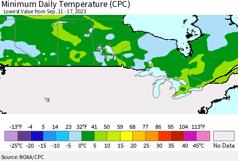 Canada Minimum Daily Temperature (CPC) Thematic Map For 9/11/2023 - 9/17/2023