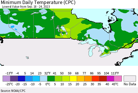 Canada Minimum Daily Temperature (CPC) Thematic Map For 9/18/2023 - 9/24/2023