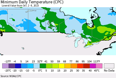 Canada Minimum Daily Temperature (CPC) Thematic Map For 10/2/2023 - 10/8/2023