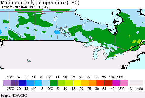 Canada Minimum Daily Temperature (CPC) Thematic Map For 10/9/2023 - 10/15/2023