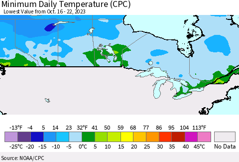Canada Minimum Daily Temperature (CPC) Thematic Map For 10/16/2023 - 10/22/2023