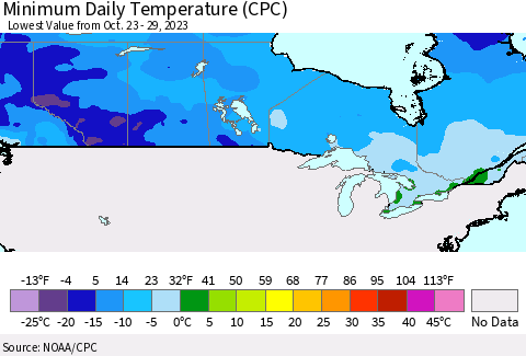Canada Minimum Daily Temperature (CPC) Thematic Map For 10/23/2023 - 10/29/2023