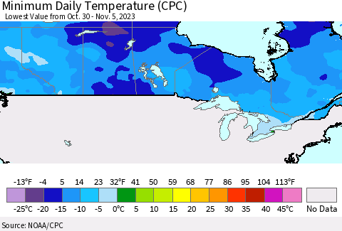 Canada Minimum Daily Temperature (CPC) Thematic Map For 10/30/2023 - 11/5/2023