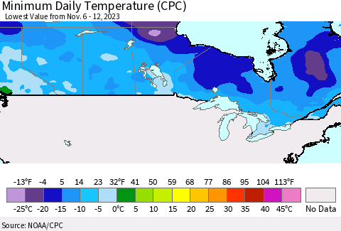 Canada Minimum Daily Temperature (CPC) Thematic Map For 11/6/2023 - 11/12/2023
