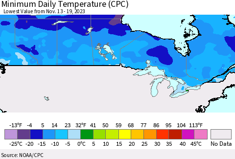 Canada Minimum Daily Temperature (CPC) Thematic Map For 11/13/2023 - 11/19/2023