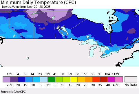 Canada Minimum Daily Temperature (CPC) Thematic Map For 11/20/2023 - 11/26/2023