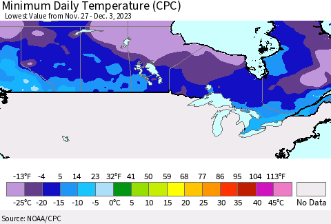 Canada Minimum Daily Temperature (CPC) Thematic Map For 11/27/2023 - 12/3/2023