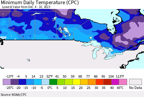 Canada Minimum Daily Temperature (CPC) Thematic Map For 12/4/2023 - 12/10/2023
