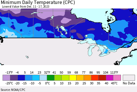 Canada Minimum Daily Temperature (CPC) Thematic Map For 12/11/2023 - 12/17/2023