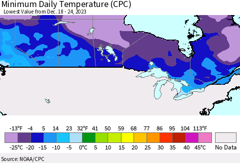 Canada Minimum Daily Temperature (CPC) Thematic Map For 12/18/2023 - 12/24/2023