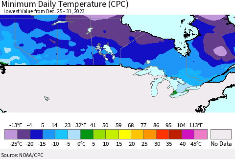Canada Minimum Daily Temperature (CPC) Thematic Map For 12/25/2023 - 12/31/2023