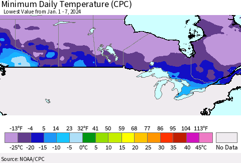 Canada Minimum Daily Temperature (CPC) Thematic Map For 1/1/2024 - 1/7/2024