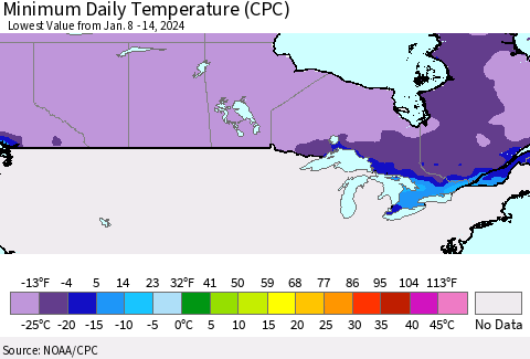 Canada Minimum Daily Temperature (CPC) Thematic Map For 1/8/2024 - 1/14/2024