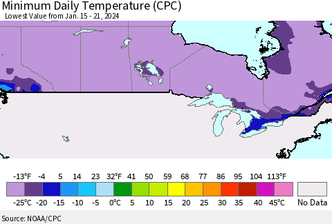Canada Minimum Daily Temperature (CPC) Thematic Map For 1/15/2024 - 1/21/2024