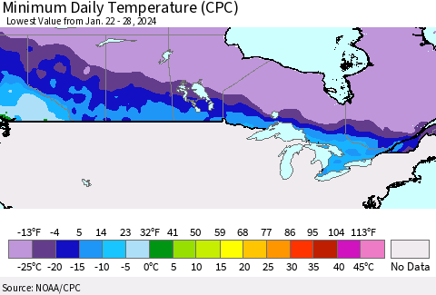 Canada Minimum Daily Temperature (CPC) Thematic Map For 1/22/2024 - 1/28/2024