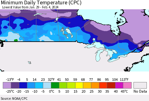 Canada Minimum Daily Temperature (CPC) Thematic Map For 1/29/2024 - 2/4/2024