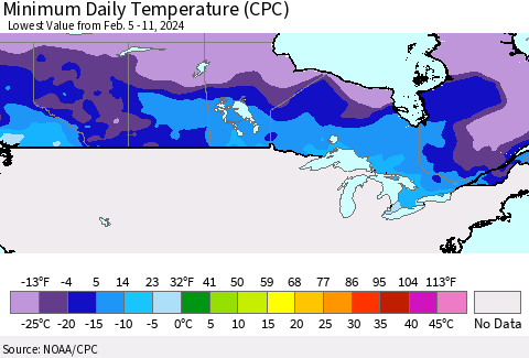 Canada Minimum Daily Temperature (CPC) Thematic Map For 2/5/2024 - 2/11/2024