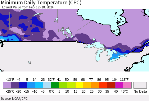 Canada Minimum Daily Temperature (CPC) Thematic Map For 2/12/2024 - 2/18/2024