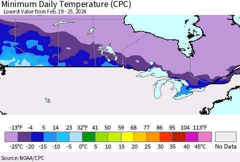 Canada Minimum Daily Temperature (CPC) Thematic Map For 2/19/2024 - 2/25/2024