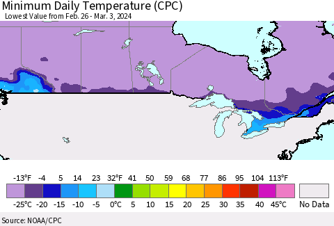 Canada Minimum Daily Temperature (CPC) Thematic Map For 2/26/2024 - 3/3/2024