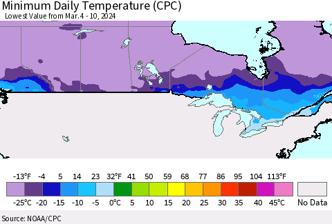 Canada Minimum Daily Temperature (CPC) Thematic Map For 3/4/2024 - 3/10/2024