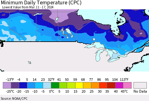 Canada Minimum Daily Temperature (CPC) Thematic Map For 3/11/2024 - 3/17/2024