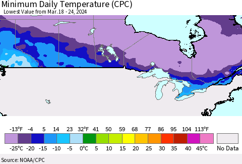 Canada Minimum Daily Temperature (CPC) Thematic Map For 3/18/2024 - 3/24/2024