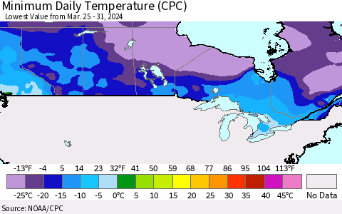 Canada Minimum Daily Temperature (CPC) Thematic Map For 3/25/2024 - 3/31/2024