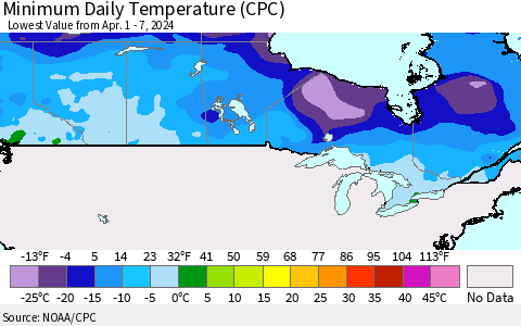 Canada Minimum Daily Temperature (CPC) Thematic Map For 4/1/2024 - 4/7/2024