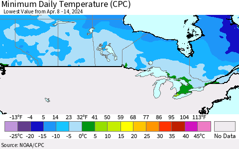 Canada Minimum Daily Temperature (CPC) Thematic Map For 4/8/2024 - 4/14/2024