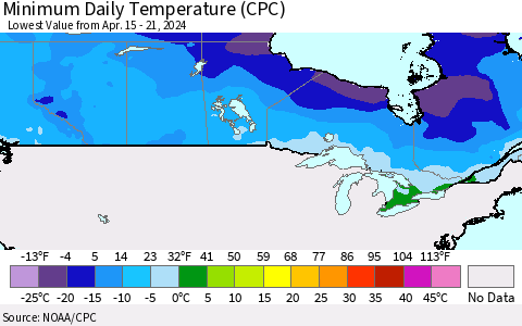 Canada Minimum Daily Temperature (CPC) Thematic Map For 4/15/2024 - 4/21/2024