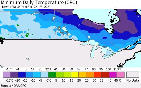 Canada Minimum Daily Temperature (CPC) Thematic Map For 4/22/2024 - 4/28/2024