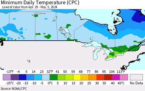 Canada Minimum Daily Temperature (CPC) Thematic Map For 4/29/2024 - 5/5/2024