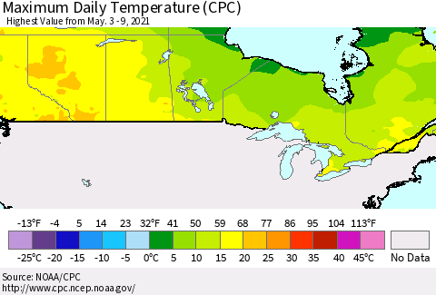 Canada Maximum Daily Temperature (CPC) Thematic Map For 5/3/2021 - 5/9/2021
