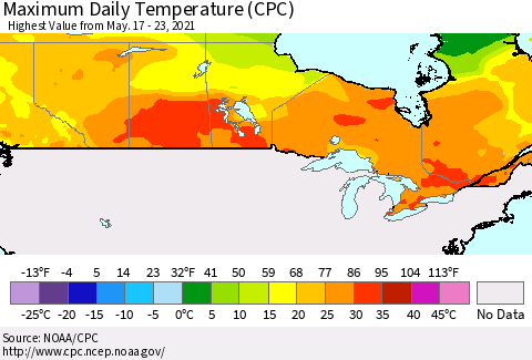 Canada Maximum Daily Temperature (CPC) Thematic Map For 5/17/2021 - 5/23/2021