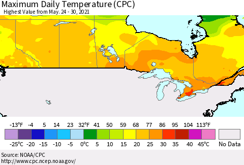 Canada Maximum Daily Temperature (CPC) Thematic Map For 5/24/2021 - 5/30/2021