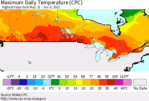 Canada Maximum Daily Temperature (CPC) Thematic Map For 5/31/2021 - 6/6/2021