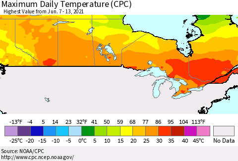 Canada Maximum Daily Temperature (CPC) Thematic Map For 6/7/2021 - 6/13/2021