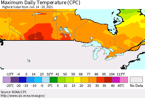 Canada Maximum Daily Temperature (CPC) Thematic Map For 6/14/2021 - 6/20/2021