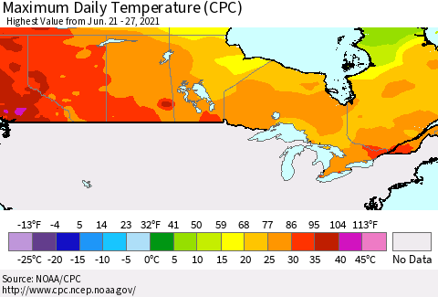 Canada Maximum Daily Temperature (CPC) Thematic Map For 6/21/2021 - 6/27/2021