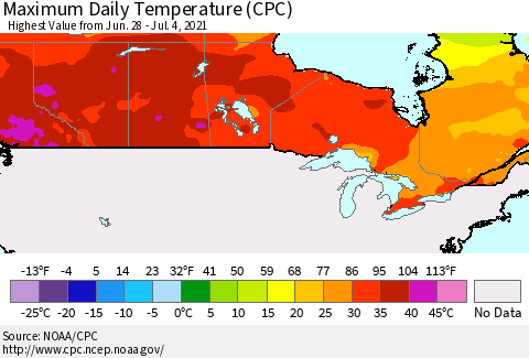 Canada Maximum Daily Temperature (CPC) Thematic Map For 6/28/2021 - 7/4/2021