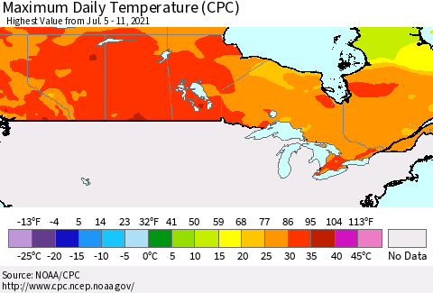 Canada Maximum Daily Temperature (CPC) Thematic Map For 7/5/2021 - 7/11/2021