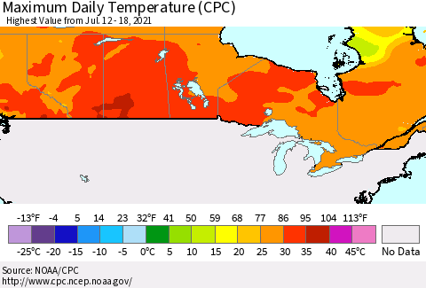Canada Maximum Daily Temperature (CPC) Thematic Map For 7/12/2021 - 7/18/2021